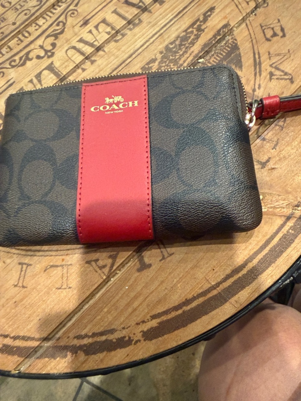 Coach Black Signature Wristlet with Red Center Stripe